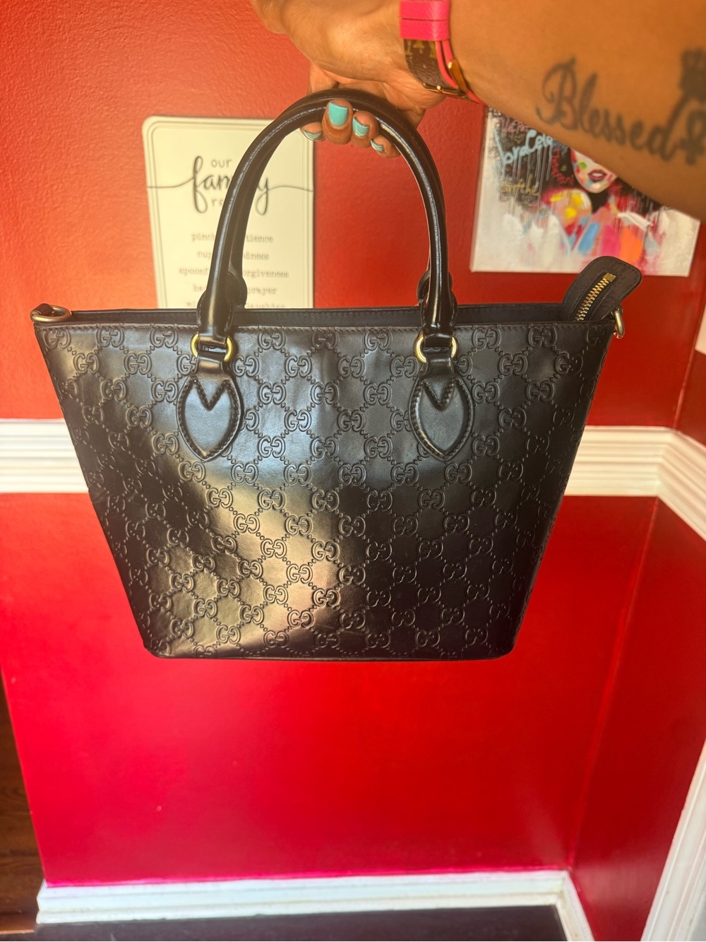 Gucci Black Embossed Leather Top-Handle Tote